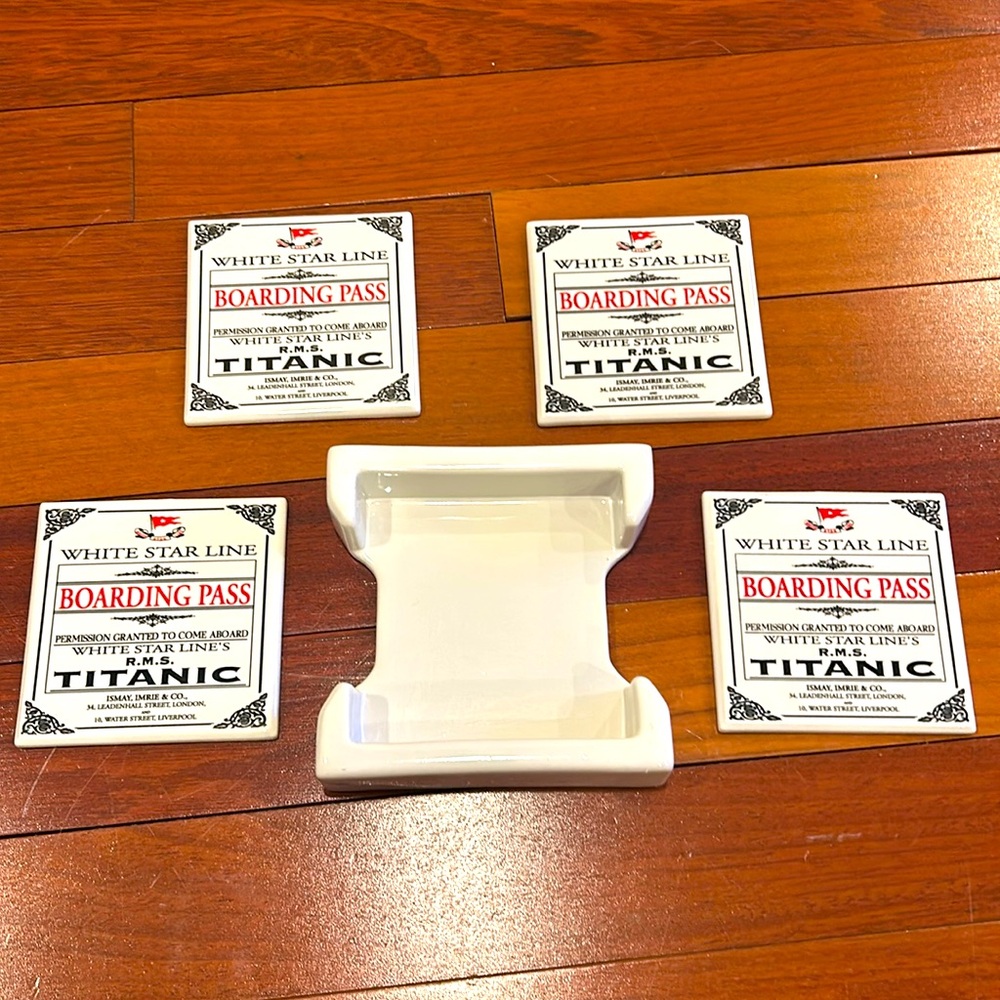 White star line boarding pass, Titanic, ceramic four coaster and holder set